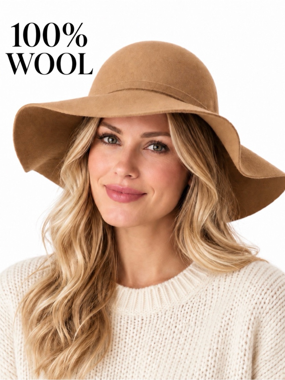 Camel Tan 100% Wool Wide Brim Floppy Hat Adjustable One Size